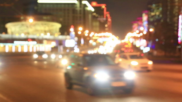 Out of focus view at evening former Kalininsky prospect traffic, Moscow, Russia  