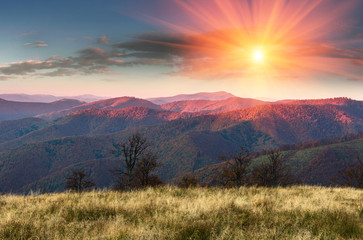 Naklejka premium Colorful sunrise in the autumn mountains.