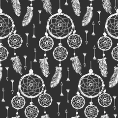 Wallpaper murals Dream catcher Hand-drawn with ink dreamcatcher with feathers, arrows. Seamless pattern. Ethnic illustration, tribal, American Indians traditional symbol.
