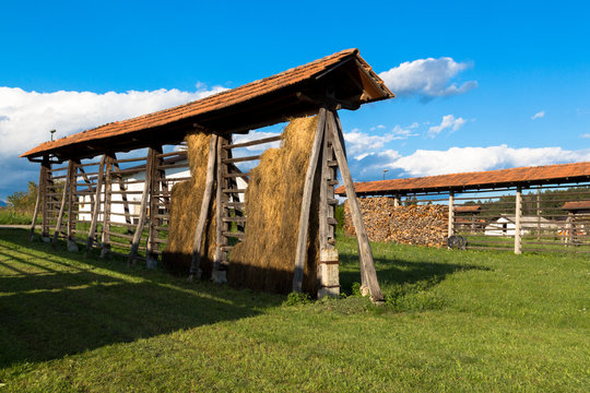 Traditional Slovenian constructions for drying hay and wood storage, hayrack (kozolec).