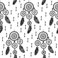 Handgetekende met inkt Dromenvanger met veren, pijlen. Naadloze patroon. Etnische illustratie, tribal, Amerikaanse Indianen traditioneel symbool.