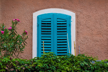 Fototapeta na wymiar Window closed with blue shutters and surrounded by greenery.