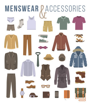Men fashion clothing and accessories flat vector icons. Objects of male outfit clothes, underwear, shoes and every day essentials for any season. Modern urban casual style elements for man