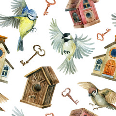 Retro birds, birdhouses and keys seamless pattern