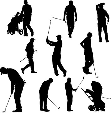 Golf players and equipment silhouettes - vector
