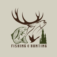 hunting and fishing vintage emblem vector design template