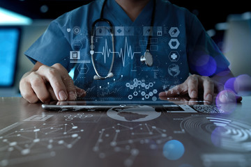 Medicine doctor hand working with modern computer interface as m