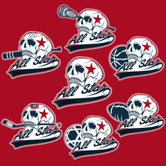 set of vintage sports all star crests with skulls