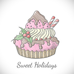 Christmas cupcake in sketch style.