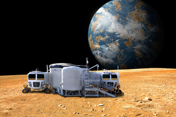 An outpost on the barren moon of an alien world - Elements of this image furnished by NASA.