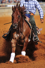 A close up view of a rider sliding the horse in the dirt