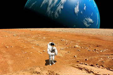 A stranded astronaut surveys his situation on a barren moon - Elements of this image furnished by NASA. - 94800433