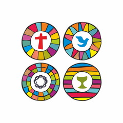 Obraz premium Cross, dove, chalice, crown of thorns, Christian, icons, rainbow, stained glass window, colorful, badge