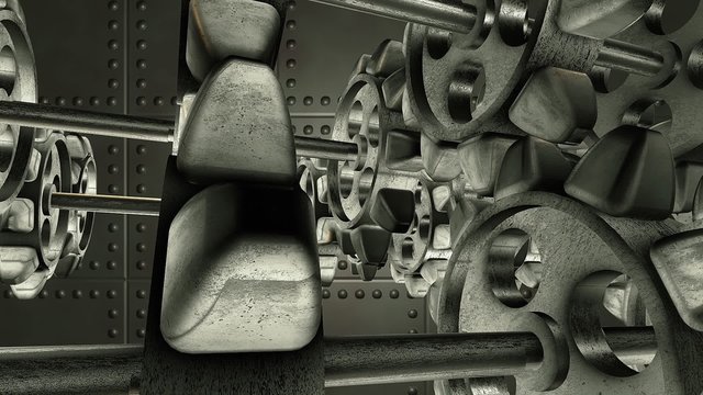 Rotating metal gears in metallic grey color