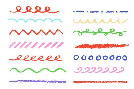 Set of colorful stripes isolated on white. Child's drawing of stripes isolated on white. Pastel chalk crayon hand drawn design elements, vector.