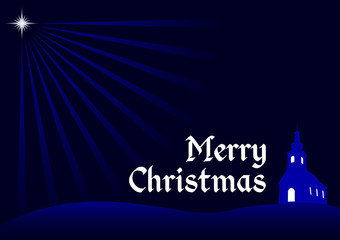 Fototapeta premium christmas background, vector christmas greeting card with silhouette of church, religious christmas dark blue concept