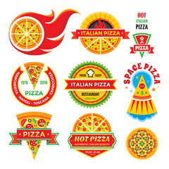Naklejka premium Pizza - vector badges set. Pizza - vector labels collection. Pizza - vector logos set. Pizza - fast food vector illustrations. Design element. 