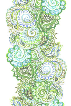 Repeating decorative spring strip with green swirly-paisley 