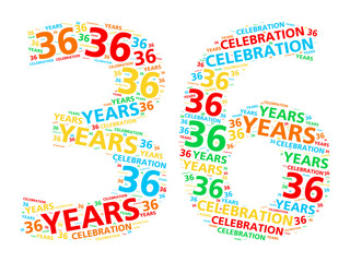 Colorful word cloud for celebrating a 36 year birthday or anniversary