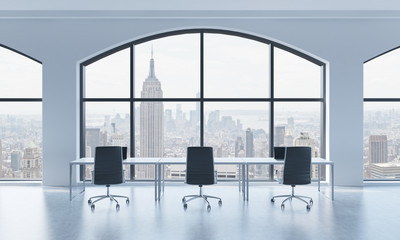 A conference room in a modern panoramic office with New York view. White table and black chairs. 3D...