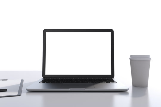 There are a laptop with white copy space screen, legal pad and a cup of coffee on the table. A concept of modern workplace. 3D rendering. White background.