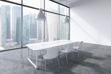 A conference room in a modern panoramic office with Singapore city view. White table, white chairs and two white ceiling lights. 3D rendering.