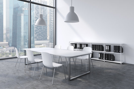 A conference room in a modern panoramic office with Singapore view. White table, white chairs, a bookcase and two white ceiling lights. 3D rendering.