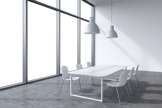 A conference room in a modern panoramic office with whit copy space in the windows. White table, white chairs and two white ceiling lights. 3D rendering.