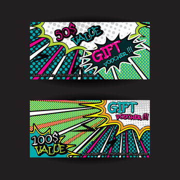 set of gift voucher card template  pop art bright style