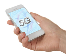 Woman use phone on 5G high speed network communication internet, isolated on white