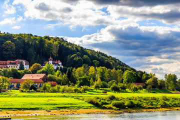 View of little town Rathen at Elbe river near the Bastei, Germany