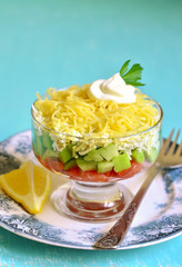 Avocado salad with salt salmon,egg and cheese.