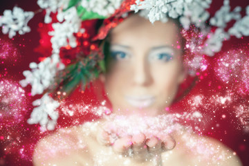 Christmas winter woman with tree hairstyle and makeup, magical fairy