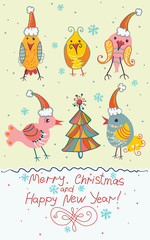 Merry Christmas and Happy New Year! Cute birds and Christmas tree. Christmas Card.