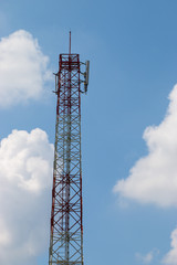 bottom view of telecommunications tower with a clear blue sky