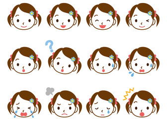 子供　女の子　顔アイコン　表情セット