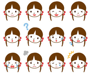 子供　女の子　顔アイコン　表情セット