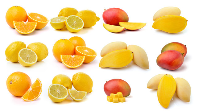 Fresh lemon, Orange fruit and mango isolated on white background