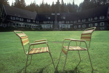 Outdoor chairs on lawn, Quinalt Lodge, WA