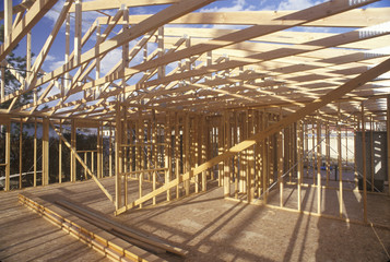 Wood frame of house under construction,  Lone Pine, CA