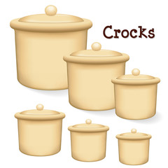 Crocks with lids, Collection of earthenware storage jars small, medium and large isolated on a white background. 