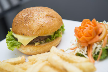 delicious cheese burger with french fries