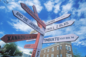 Fototapeta premium Miscellaneous distance signs in the Freemont district of Seattle, WA