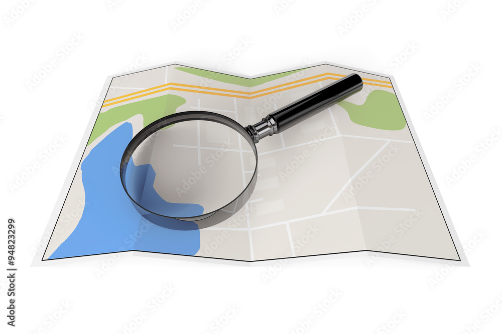 Poster abstract paper map with magnifying glass
