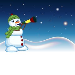 Snowman wearing a green head cover and a scarf blowing horns with star, sky and snow hill background for your design vector illustration