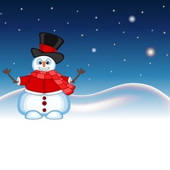 Snowman wearing a hat, red sweater and a red scarf waving his hand with star, sky and snow hill background for your design vector illustration