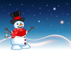 snowman with lantern wearing a hat, red Sweater and a red scarf with star, sky and snow hill background for your design Vector Illustration