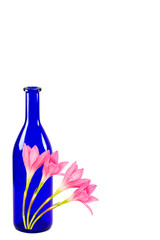 Blue bottle with pink flower isolated on white background