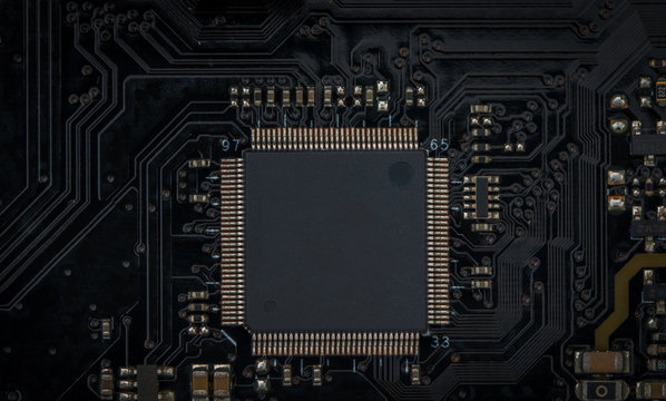 close-up of electronic circuit board with processor.