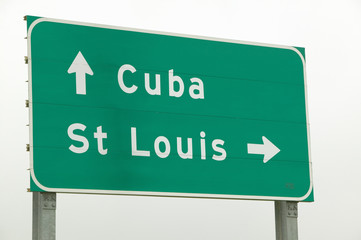 A highway sign on Route 44 shows an arrow to St. Louis, Missouri and Cuba Missouri